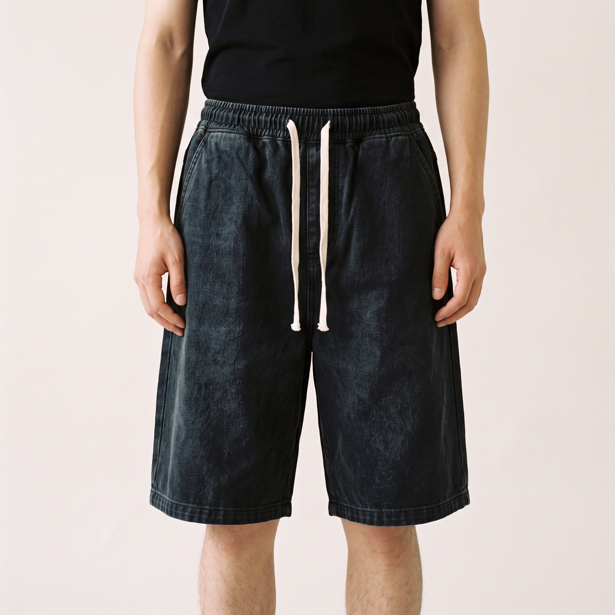 Wide Leg Denim Shorts Black front