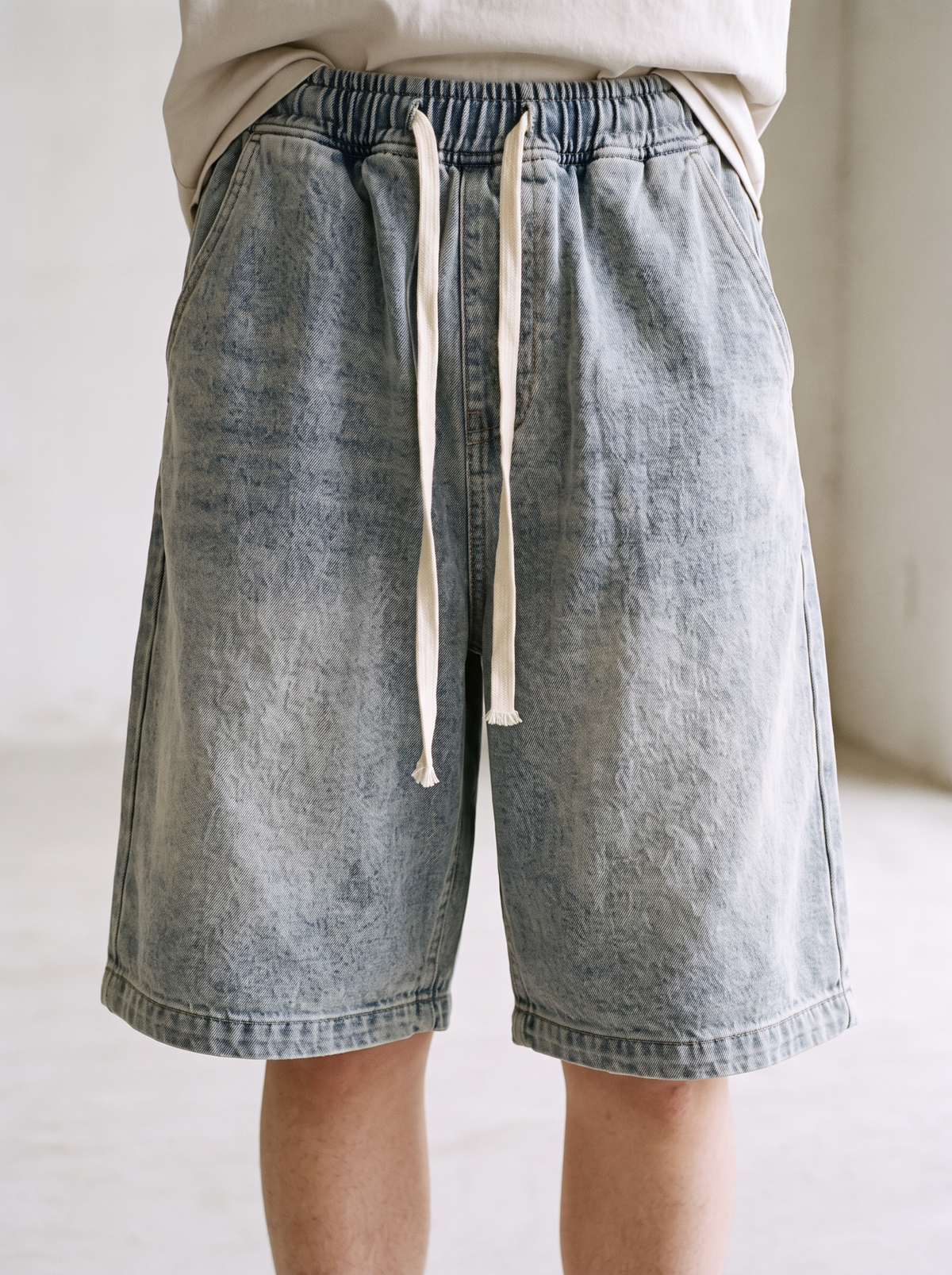 Wide Leg Denim Shorts worn close up