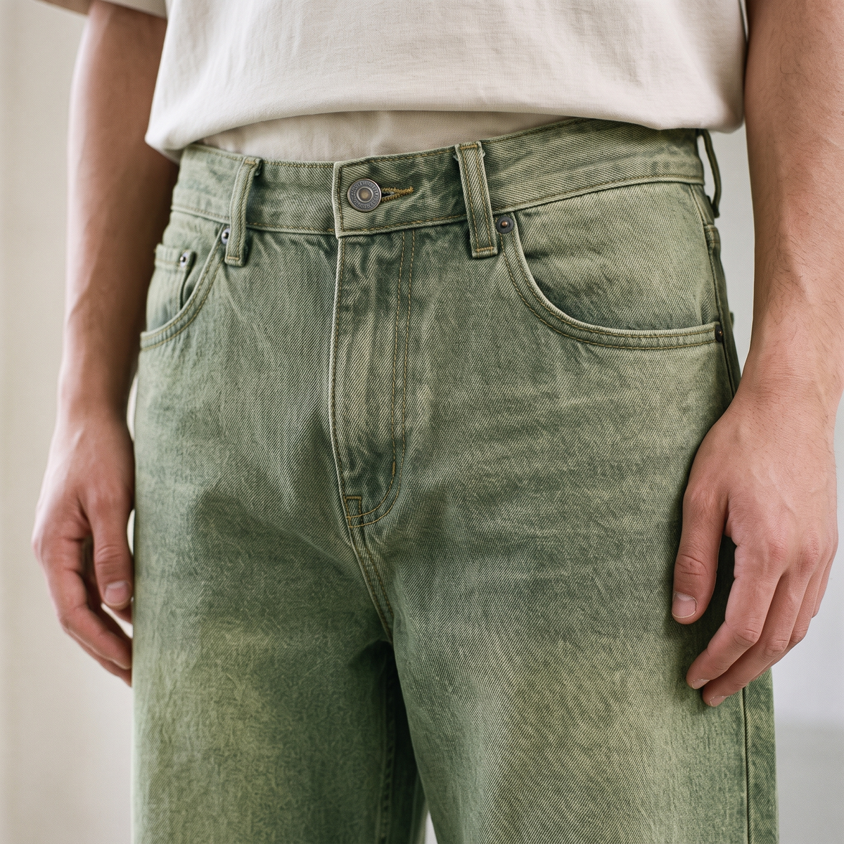 Matcha Green Denim Jeans waistband detail