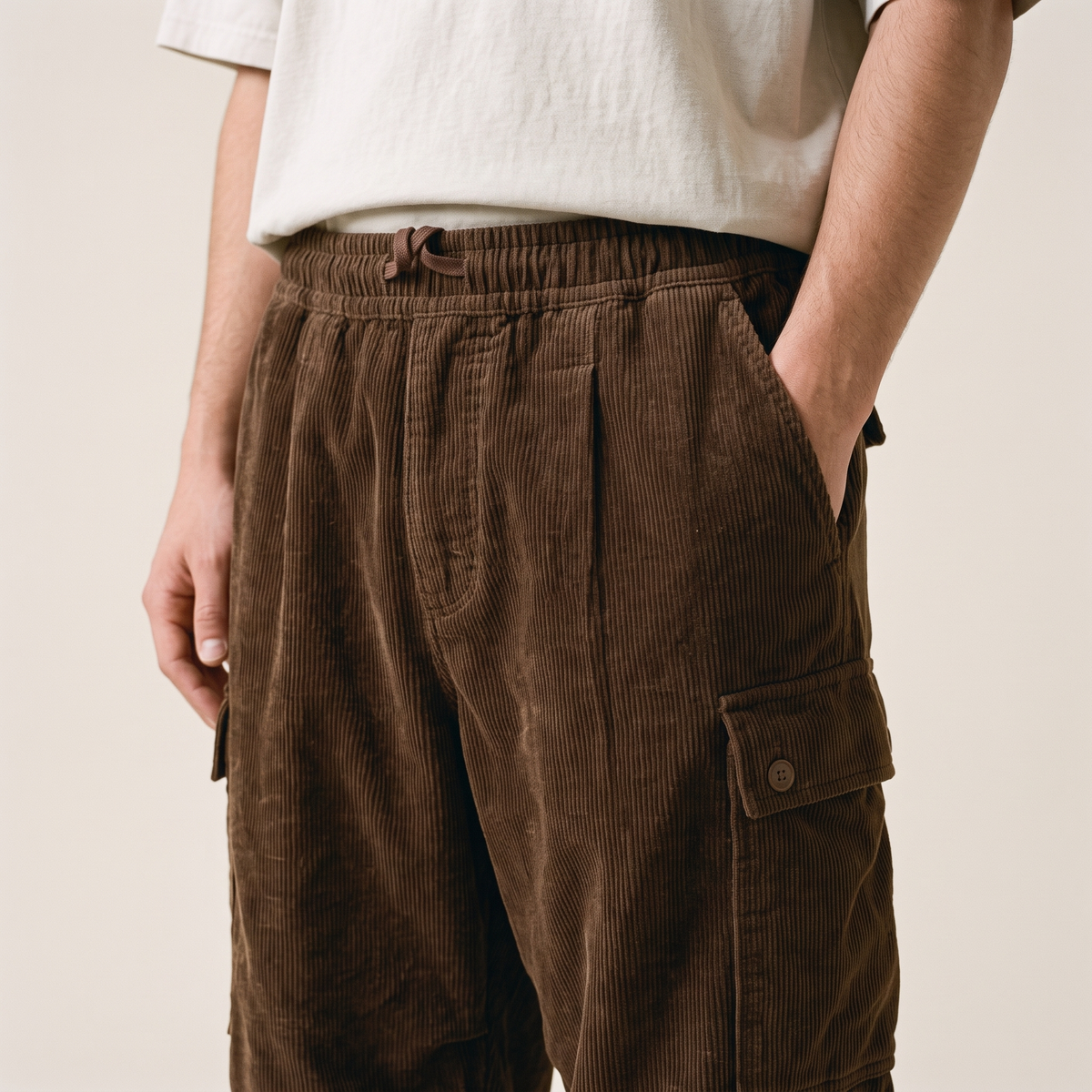 Corduroy Cargo Pants Brown waistband detail