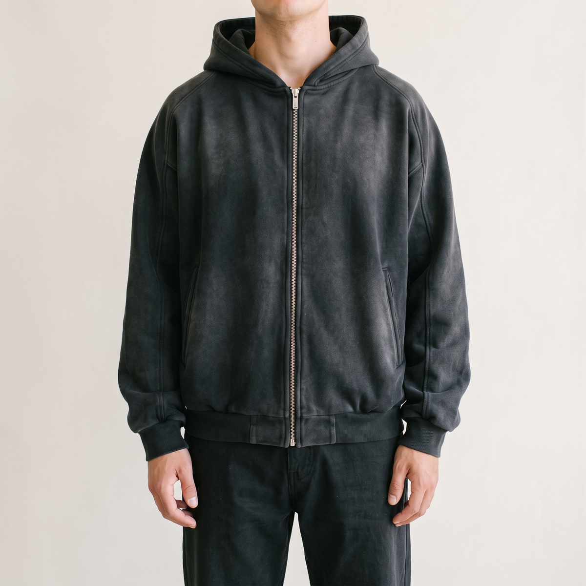 Vintage Faded Zip Hoodie Black front