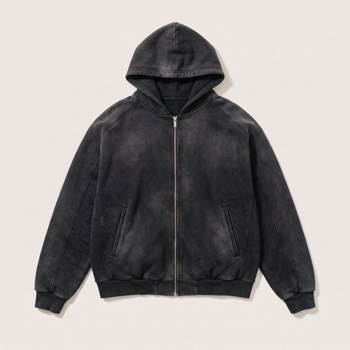 Vintage Faded Zip Hoodie Black flat lay front