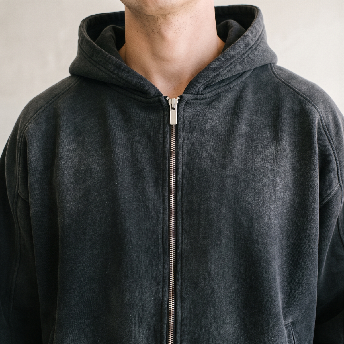 Vintage Faded Zip Hoodie Black zip detail
