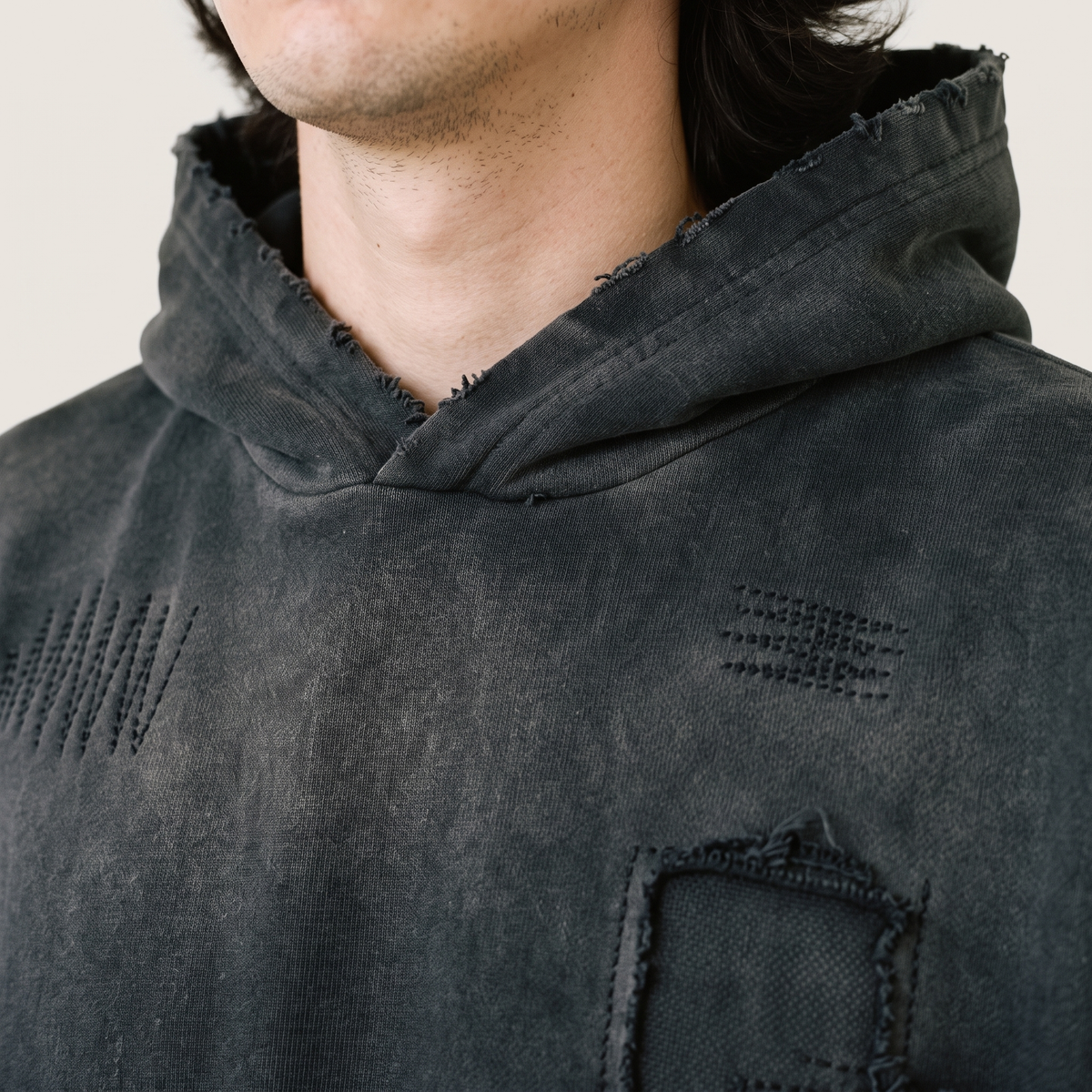 Sashiko Distressed Hoodie hood and cuff detail