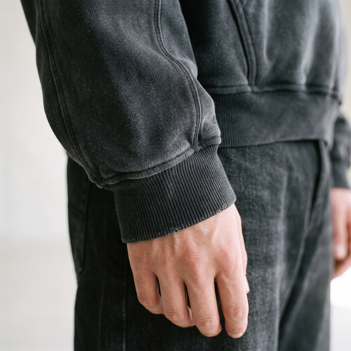 Washed Cropped Hoodie hood and cuff detail