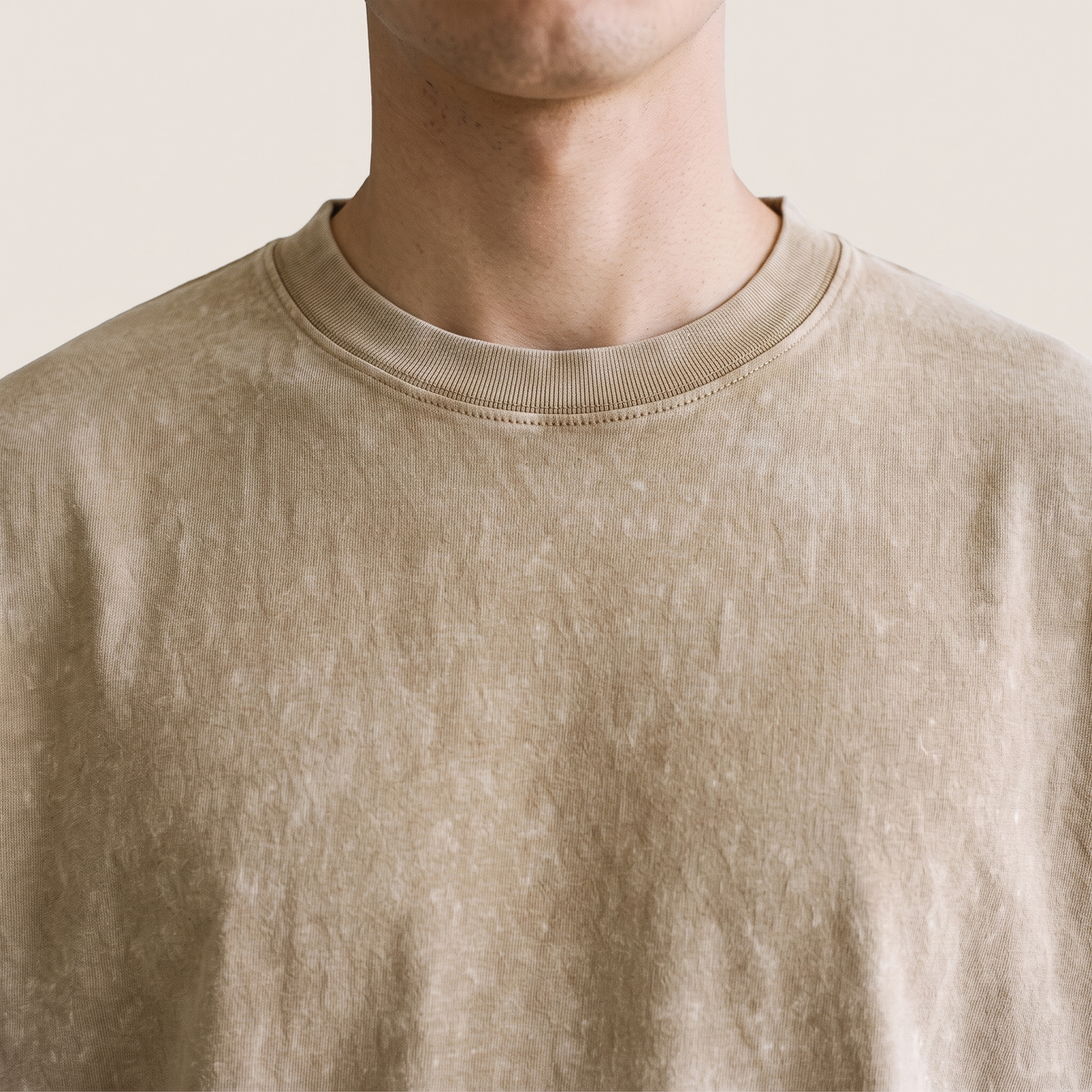 230GSM Faded Washed Tee Khaki neckline rib detail