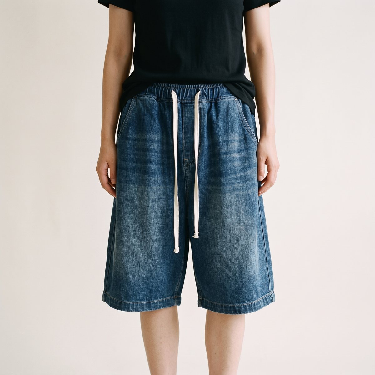 Wide Leg Denim Shorts Dark Blue front