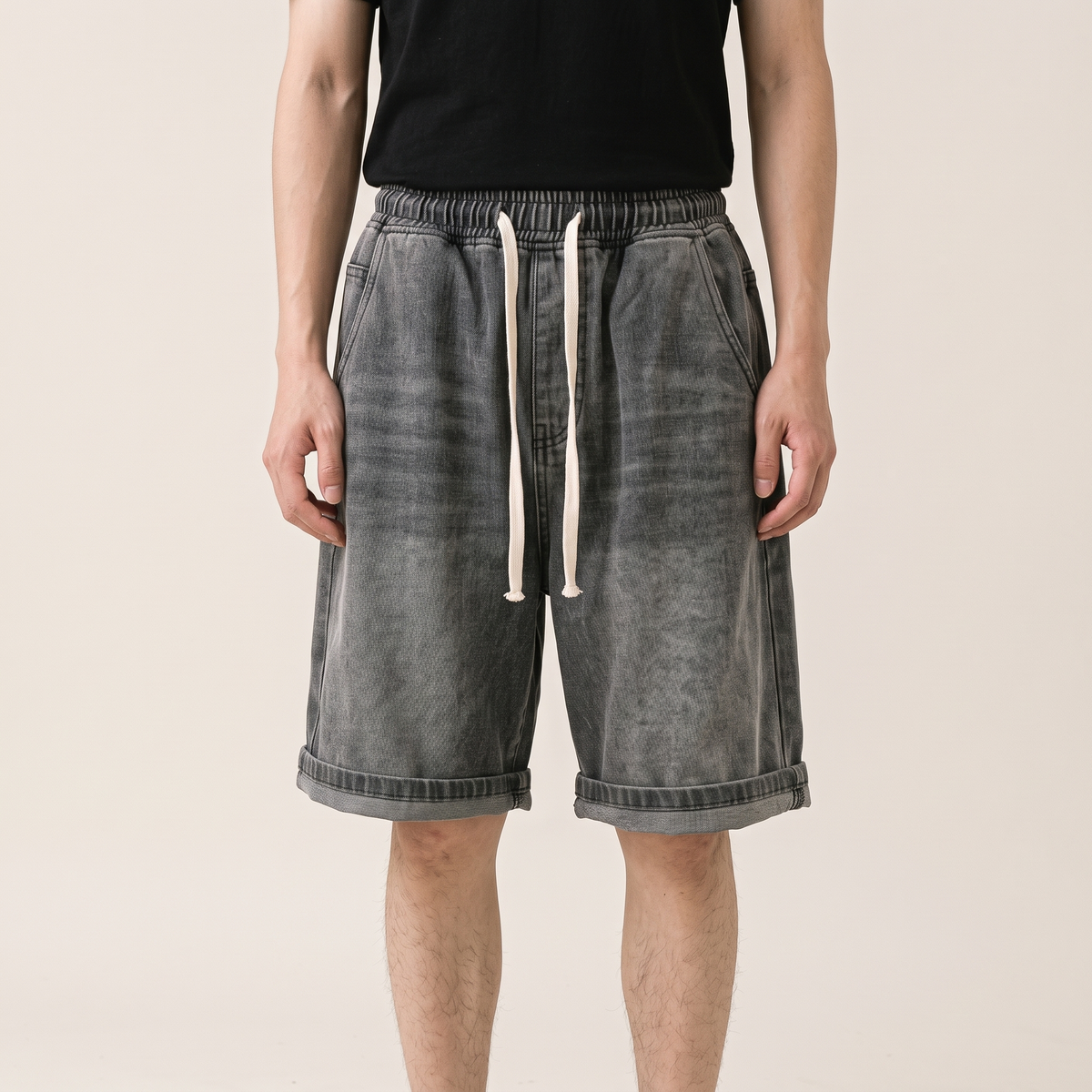 Wide Leg Denim Shorts Grey front
